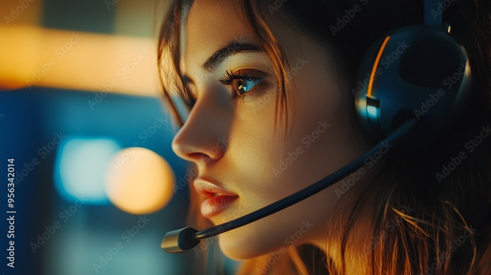 Poster close up view of a professional call center employee assisting a customer with an inquiry over the t