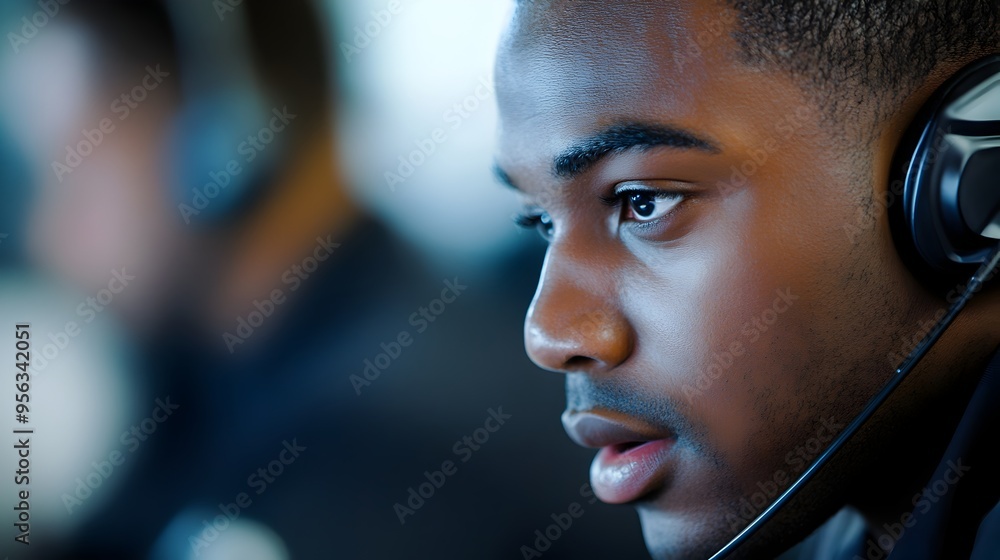 Poster close up portrait of a call center agent attentively listening and speaking on the telephone while a