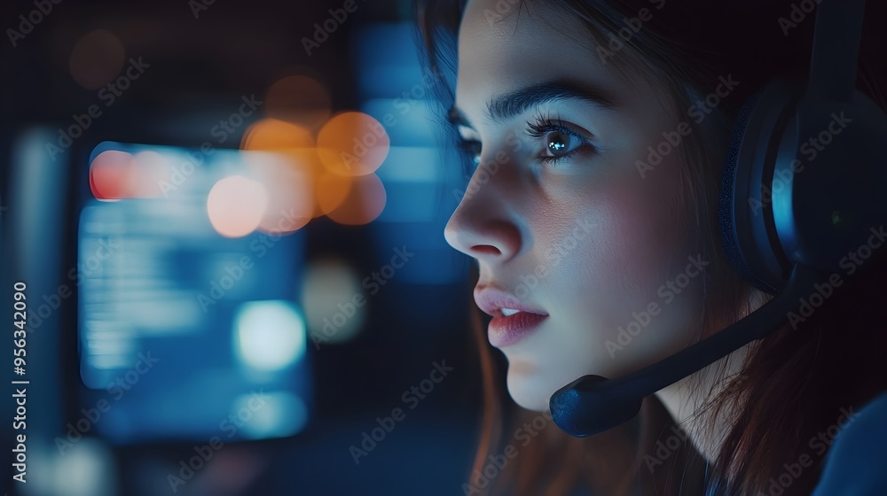Poster close up shot of a call center agent wearing a headset looking focused while speaking on the phone a