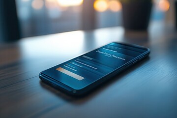 A modern smartphone on a wooden table displaying a login screen, symbolizing technology and connectivity in daily life.