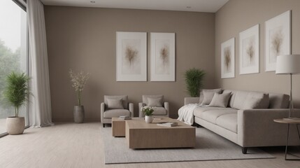 High-resolution living area with sofa and photo frames on the wall, other accessories interior design image template. Living room interior image.