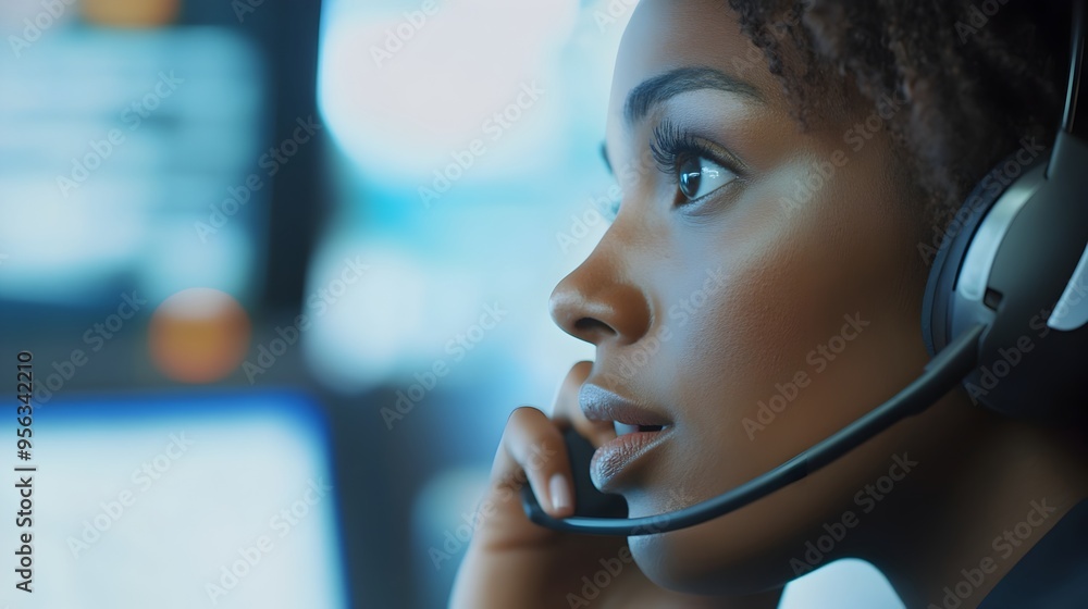 Aufkleber closeup shot of a professional call center agent intently looking at a computer screen while speakin