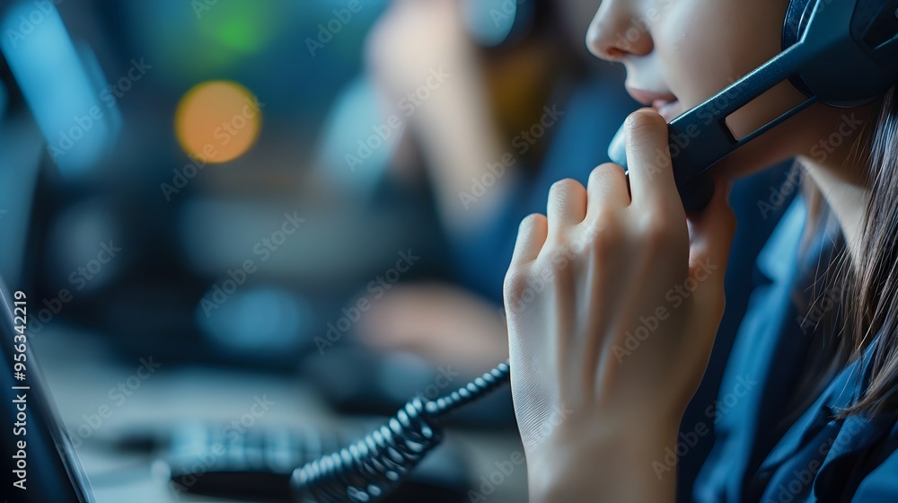 Poster closeup image of a call center representative wearing a headset and sitting at a desk providing tech