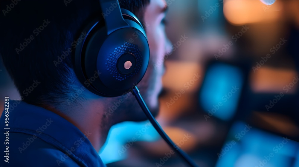 Aufkleber closeup portrait of a focused and friendly call center customer service representative wearing a hea
