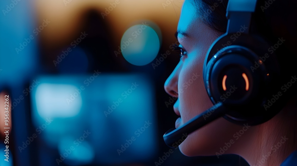 Poster closeup of a call center customer service representative providing assistance and problem solving su