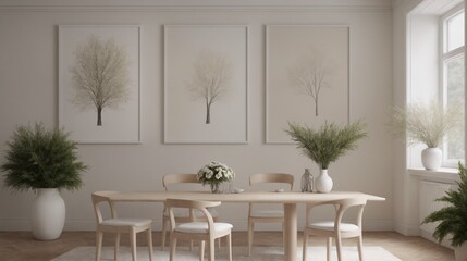 Fototapeta premium High-resolution dining area with photo frames on the wall, other accessories interior design image template. Dining room interior image.