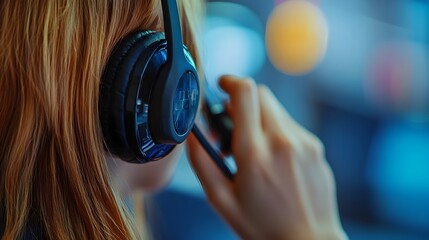 Closeup shot of a call center operator concentrating while adjusting their headset and talking to a customer or client