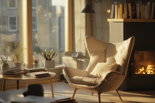Fototapeta Nordic home interior design of modern living room with grey chair by fireplace and window.