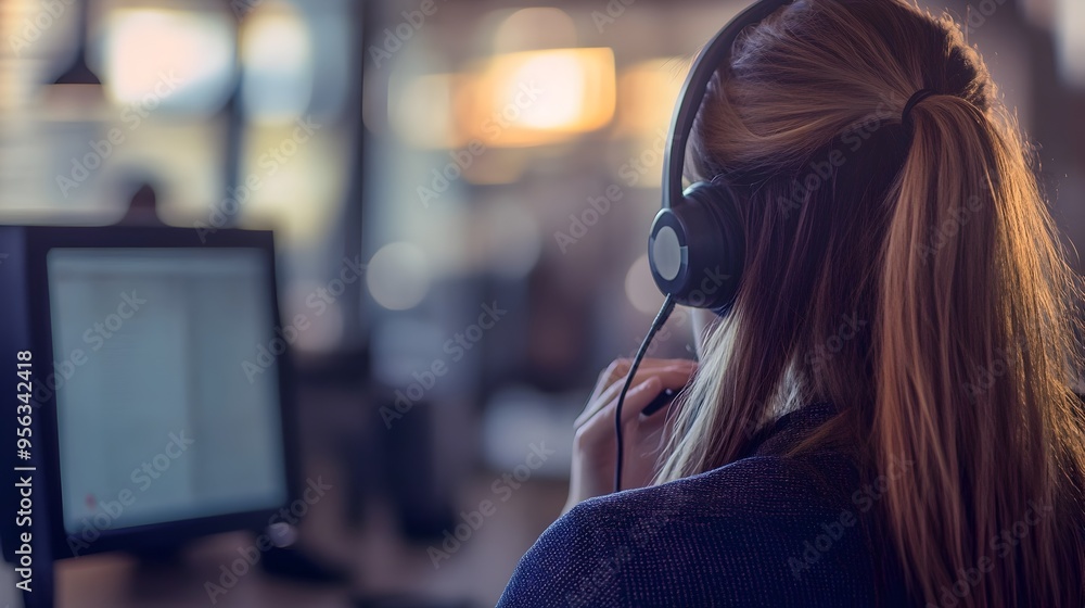 Poster closeup of a focused call center staff member working at a desk while professionally answering a cal
