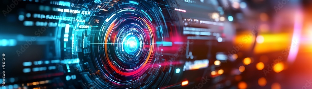 Poster abstract futuristic technology interface with glowing rings and digital data
