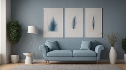 High-resolution living area with sofa and photo frames on the wall, other accessories interior design image template. Living room interior image.
