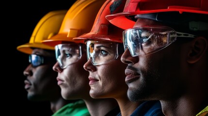 Fototapeta premium Portrait of workers wearing helmets in diverse group of team on construction site.