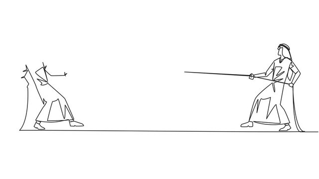 Animation of continuous one line drawing two Arabian businessmen fighting over a coin with dollar symbol. Compete for rights that must be received, even if small thing. Full length motion