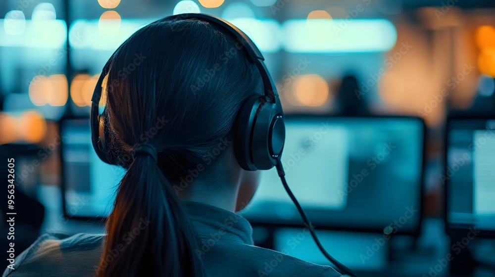 Poster closeup of a dedicated call center agent answering a customer call while working diligently in a bus
