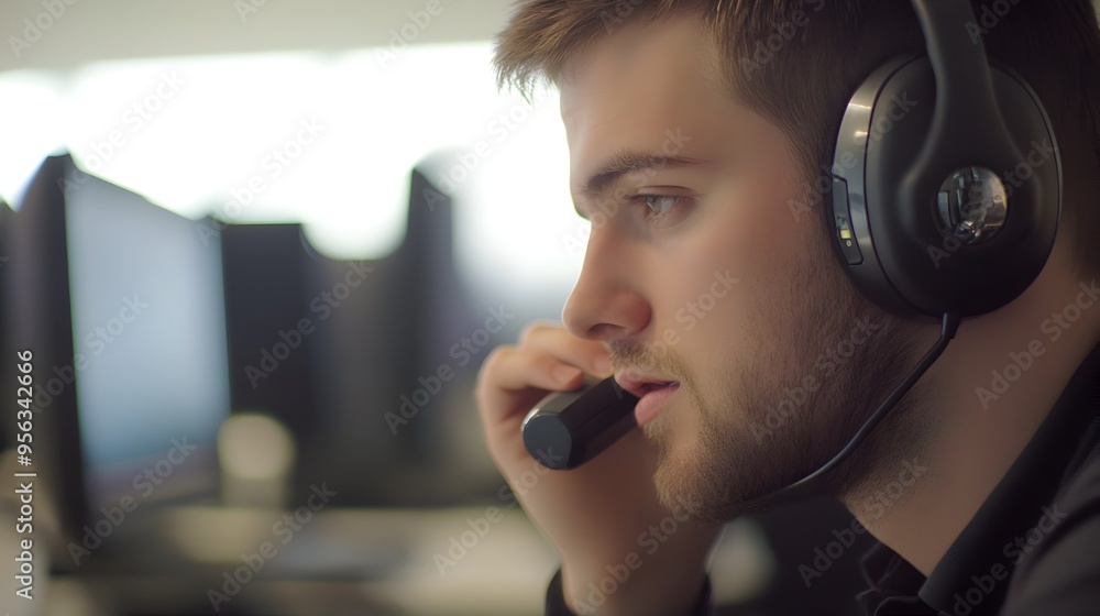 Poster closeup view of a call center representative guiding a customer through a process or problem solving