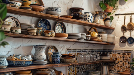 Fototapeta premium a bohemian-inspired kitchen with open shelving and unique ceramic dishes