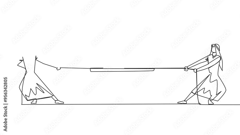 Poster self drawing animation of single continuous line drawing two arabian businessmen fighting over shiel