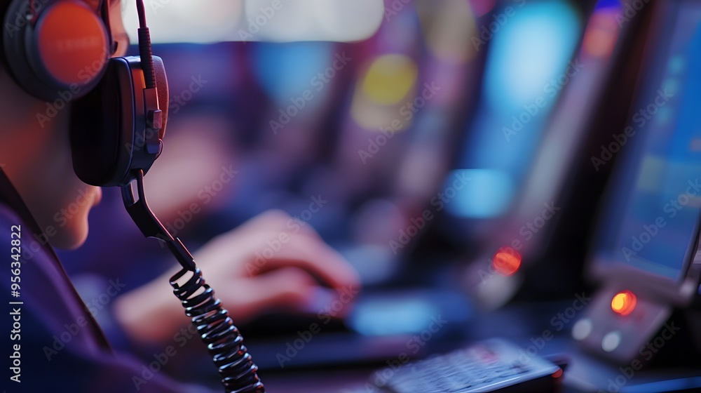 Poster closeup portrait of a focused call center agent multitasking and handling multiple simultaneous phon