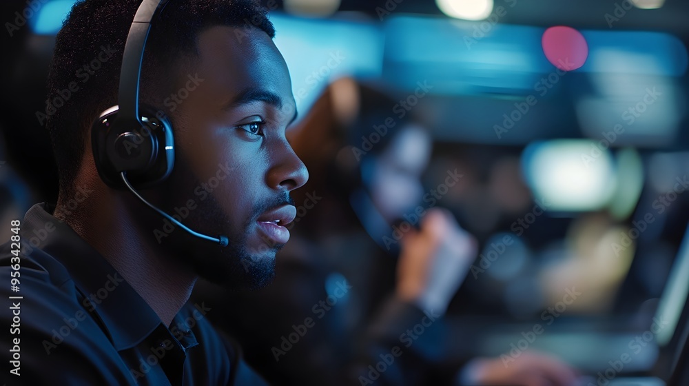 Poster closeup view of a dedicated call center agent wearing a headset and handling multiple simultaneous p