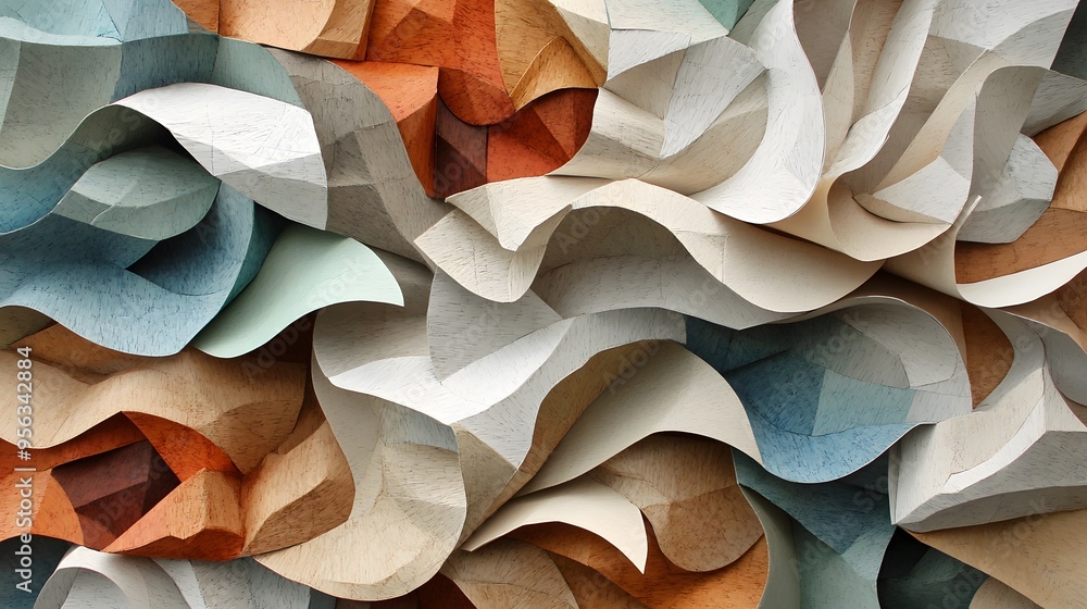 Poster 13. a mosaic of interlocking paper shapes with varying depths and textures creating depth