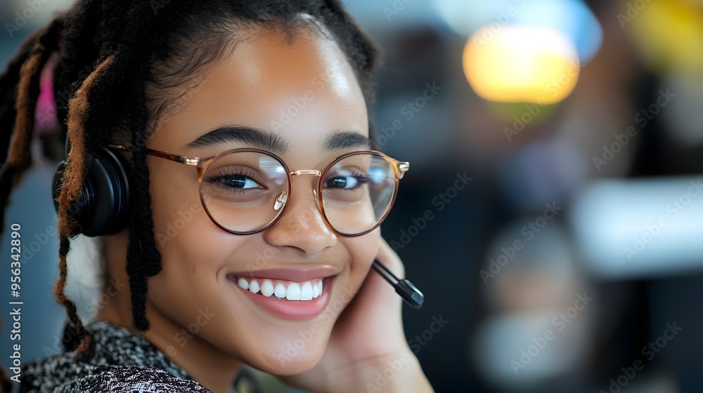 Poster closeup portrait of a smiling call center employee wearing a headset and conversing with a customer 