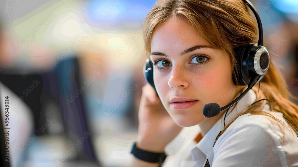 Poster closeup portrait of a call center professional leaning forward and speaking intently while wearing a