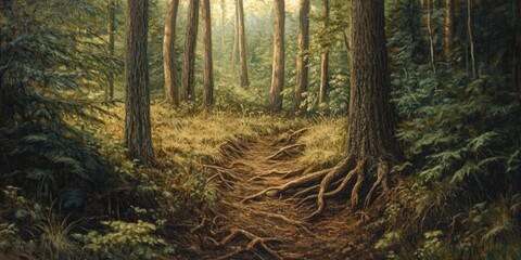 Oil painting depicting forest scenery featuring weeds and the traces of tree roots