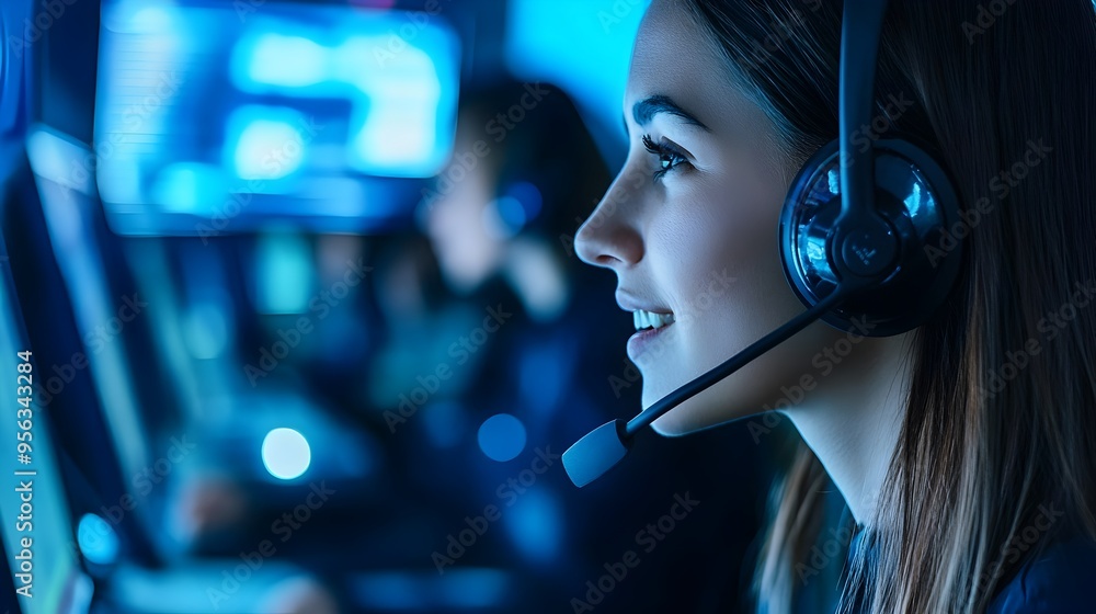 Aufkleber closeup image showcasing a call center staff member with a professional demeanor attentively listeni