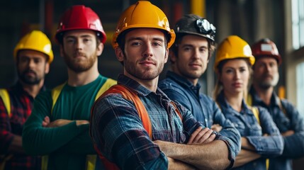 Portrait of workers standing together in diverse group of team on construction site, unity and strength, Labor Day concept.