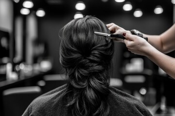 Obraz premium A professional hair stylist works on a client's hair in a modern salon with dim lighting, creating a sophisticated and comfortable atmosphere. Back view of the client.