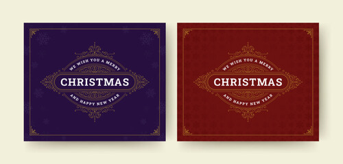 Luxury vintage Merry Christmas greeting card social media post design template set vector flat illustration. Happy New Year Xmas celebrate congratulations purple red banner with snowflake retro frame