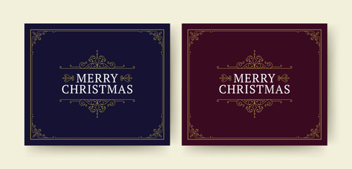Merry Christmas retro social media post design template with golden royal frame set vector flat illustration. Happy New Year winter holiday celebrate announce invitation vintage greeting card
