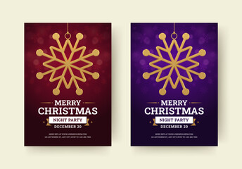 Christmas night party flyer with snowflake bauble design template set realistic vector illustration. New Year Xmas celebration event festival announcement elegant modern poster luxury snow toy