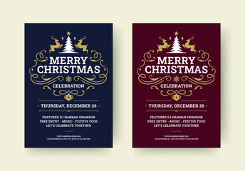 Obraz premium Merry Christmas celebration music party retro luxury flyer design template set vector flat illustration. Xmas New Year winter holiday festival announce classic Victorian flourish invitation with deer