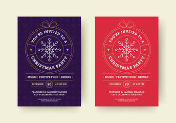 Christmas night party event announce retro flyer design template set vector flat illustration. Xmas New Year music festival advertising poster with ball toy snowflakes and line decorative elements