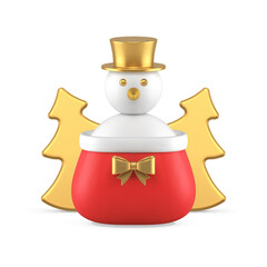 Christmas toy snowman in Santa Claus sack with golden tree 3d icon realistic vector illustration. Xmas New Year luxury bauble character surprise winter holiday celebration traditional decor element