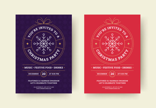 Christmas night party event announce retro flyer design template set vector flat illustration. Xmas New Year music festival advertising poster with ball toy snowflakes and line decorative elements
