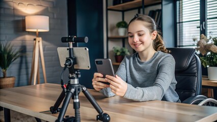 Teen girl with disability preparing to shoot content for blog putting smartphone with tripod on desk, copy space
