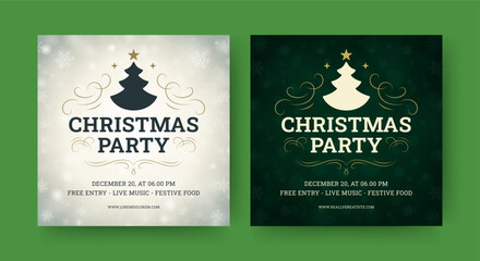 Merry Christmas party music festival social media post design template set vector illustration. Happy New Year winter holiday disco event celebration squared flyer with spruce glow snowflakes