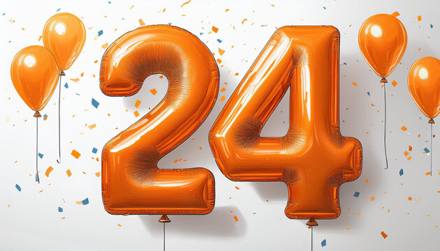 Orange birthday / anniversary balloon, number 24, white background with confetti