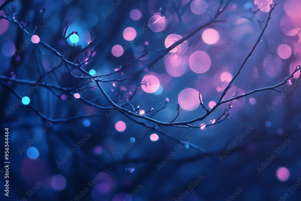 Wall mural Colorful bokeh lights softly glowing through silhouetted branches on a tranquil evening in a forested area