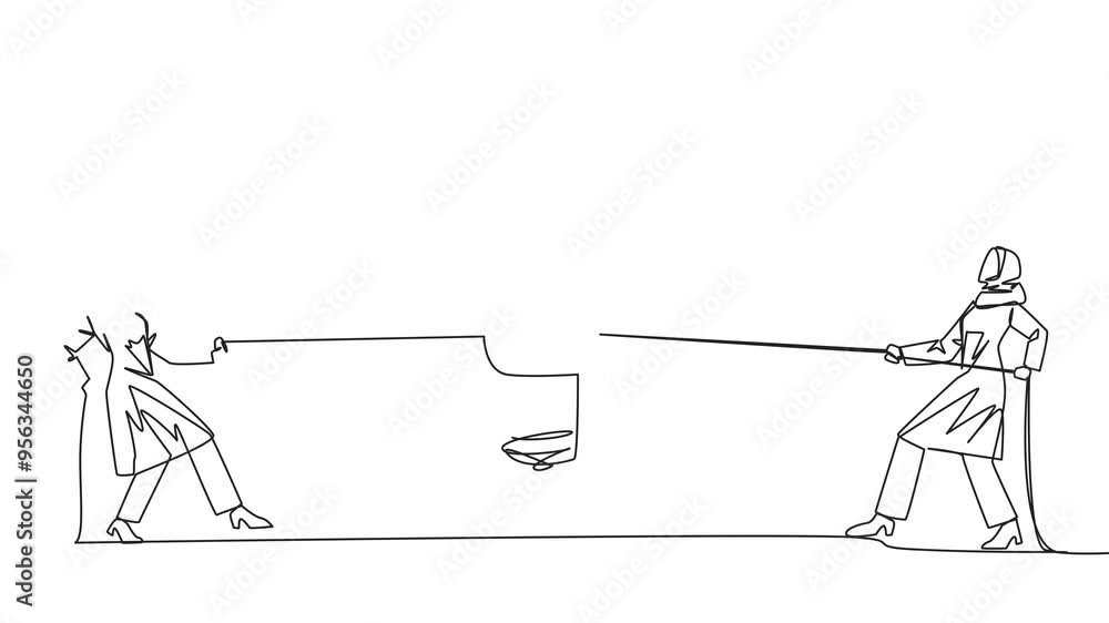 Poster animated self drawing of continuous one line drawing two arabian businessmen fighting over a lightbu
