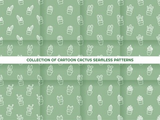 Collection of Seamless patterns of Cactus cartoon outline doodle on green background, Vector.