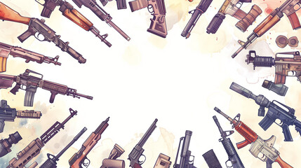 Various firearms arranged in a circular pattern with an empty center.