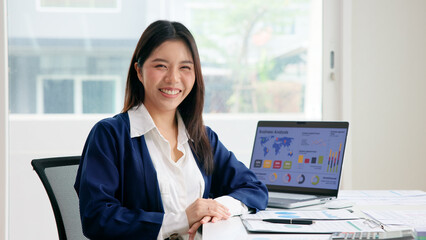Young adult woman asia people expert tech talent user happy smile looking at camera on AI project...