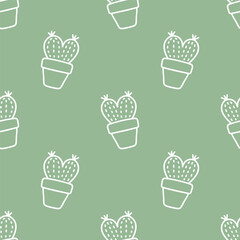 Seamless patterns of Cactus cartoon outline doodle on green background, Vector.