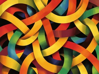 Colorful Abstract Art with Interwoven Ribbons in Vibrant Red, Yellow, Green, and Blue Hues