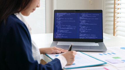 Smart AI cyber bot deep tech tools help write BI prompt code screen. Asia people asian IT woman...