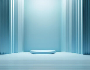 3D realistic white podium platform on a soft blue wall background is a perfect mockup for showcasing your products in a minimalist and modern way.