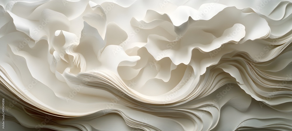 Poster 4. fluid, undulating forms of paper with intricate cutouts arranged to evoke a sense of movement and